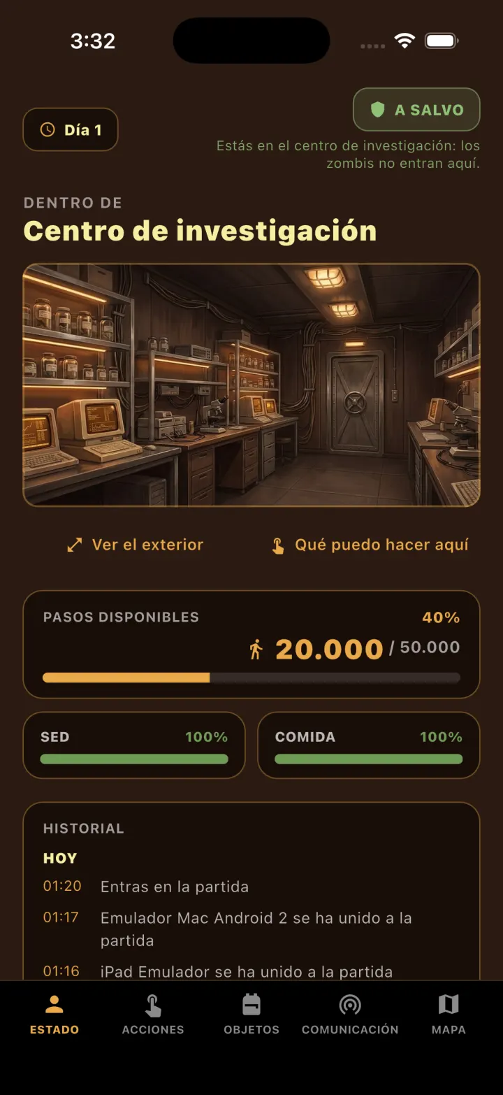 Pantalla de estado de Zombie Hikers con la bolsa de pasos y los medidores de sed y comida
