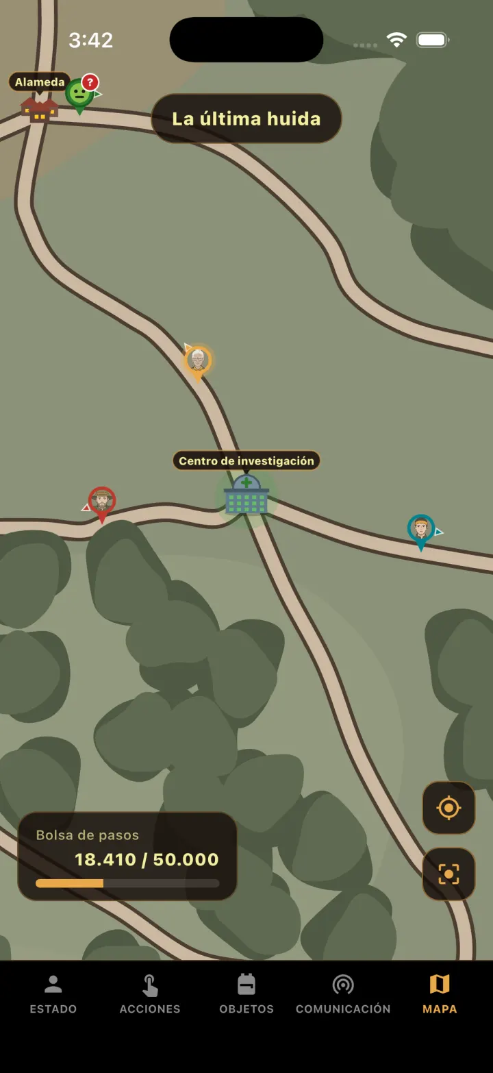 Mapa de una partida de Zombie Hikers con carreteras, lugares y otros jugadores